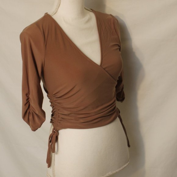 HAUTE MONDE TAN WRAP BLOUSE SIZE SMALL V-NECK FRONT GATHERED 3/4 SLEEVE TIES NWT - Picture 5 of 11